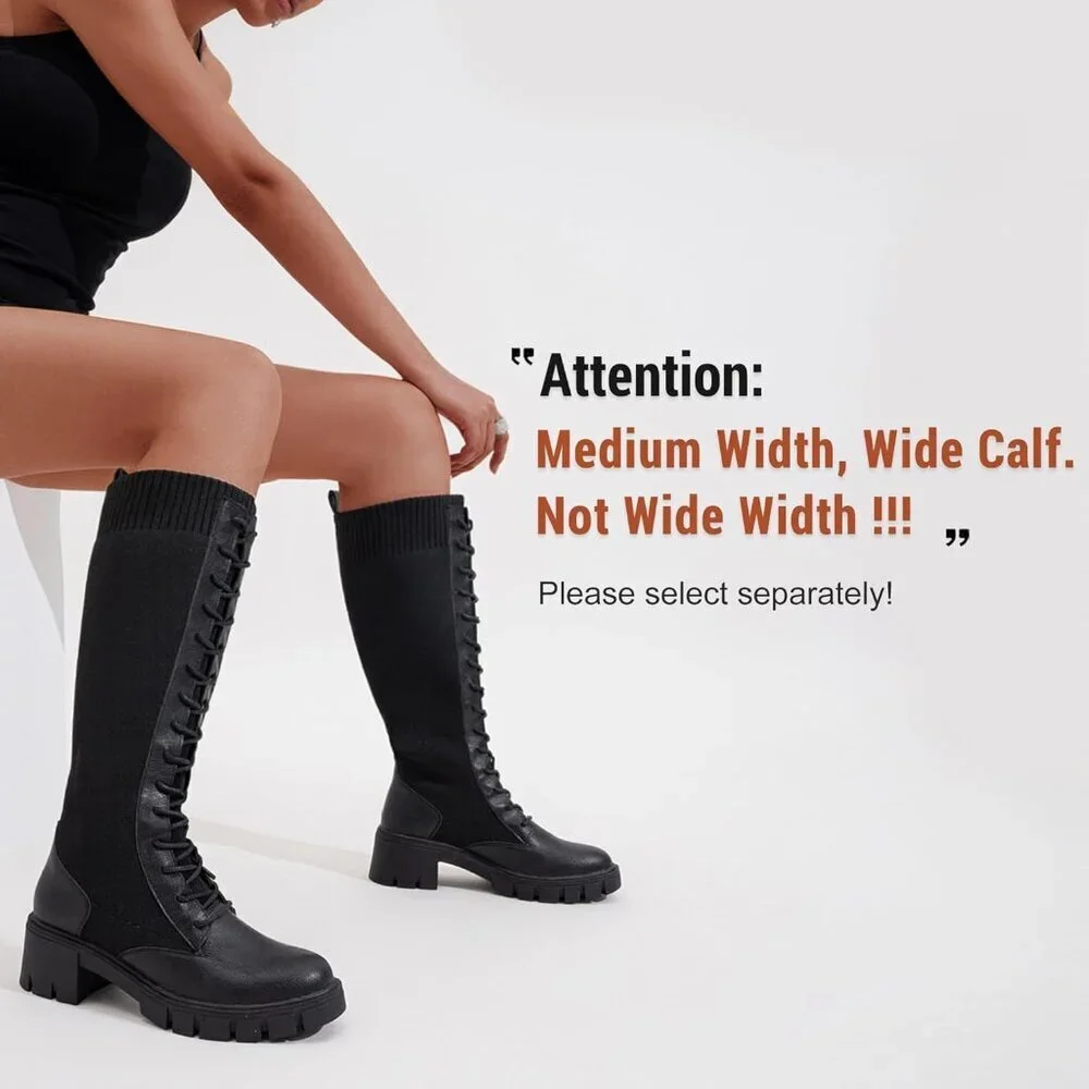 Women's Black 953 Chunky Platform Heel Lace Gothic Knee High Combat Boots